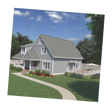 Two-story house with light gray siding and a gabled roof.