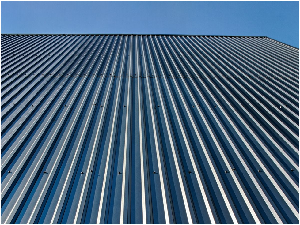 Close-up view of a corrugated metal panel roof system