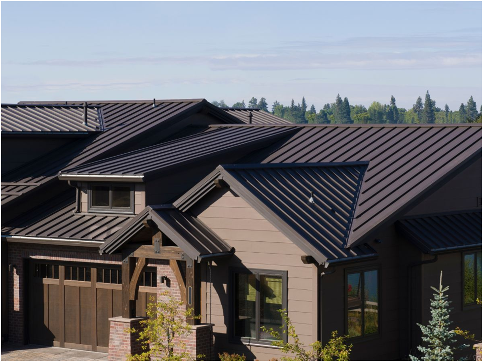Modern home with sleek black metal roofing panels installed