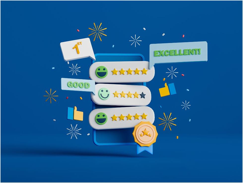 3D rating icons with stars, badges, and smiley faces